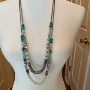 White House Black Market Green and Silver Layered Necklace